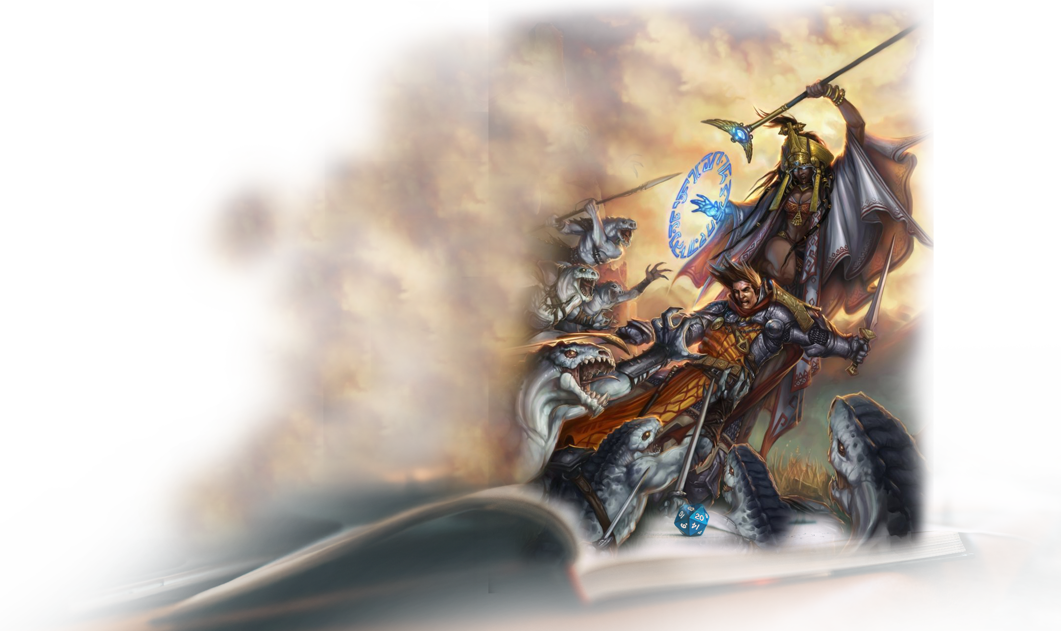 Valeros and Seoni battling Lizardfolk as they rise from an open Pathfinder adventure book