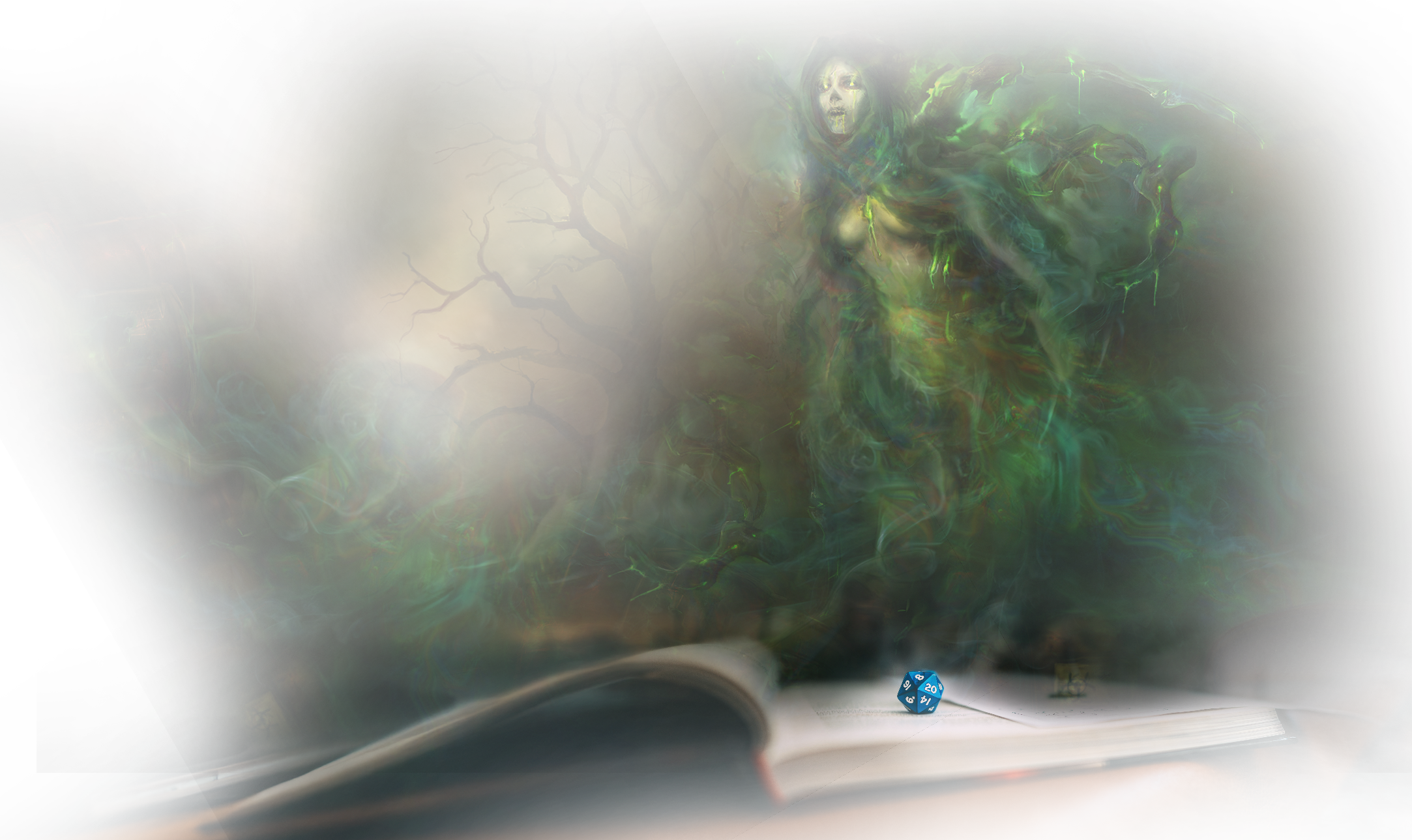 A toxic spectral spirit rising from an open adventure book beside a twenty-sided die