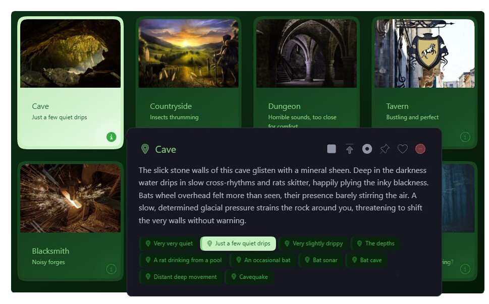 Nova with the Cave location open, showing ten adjustable ambience variations including quiet drips, bats, deep movement and a cavequake
