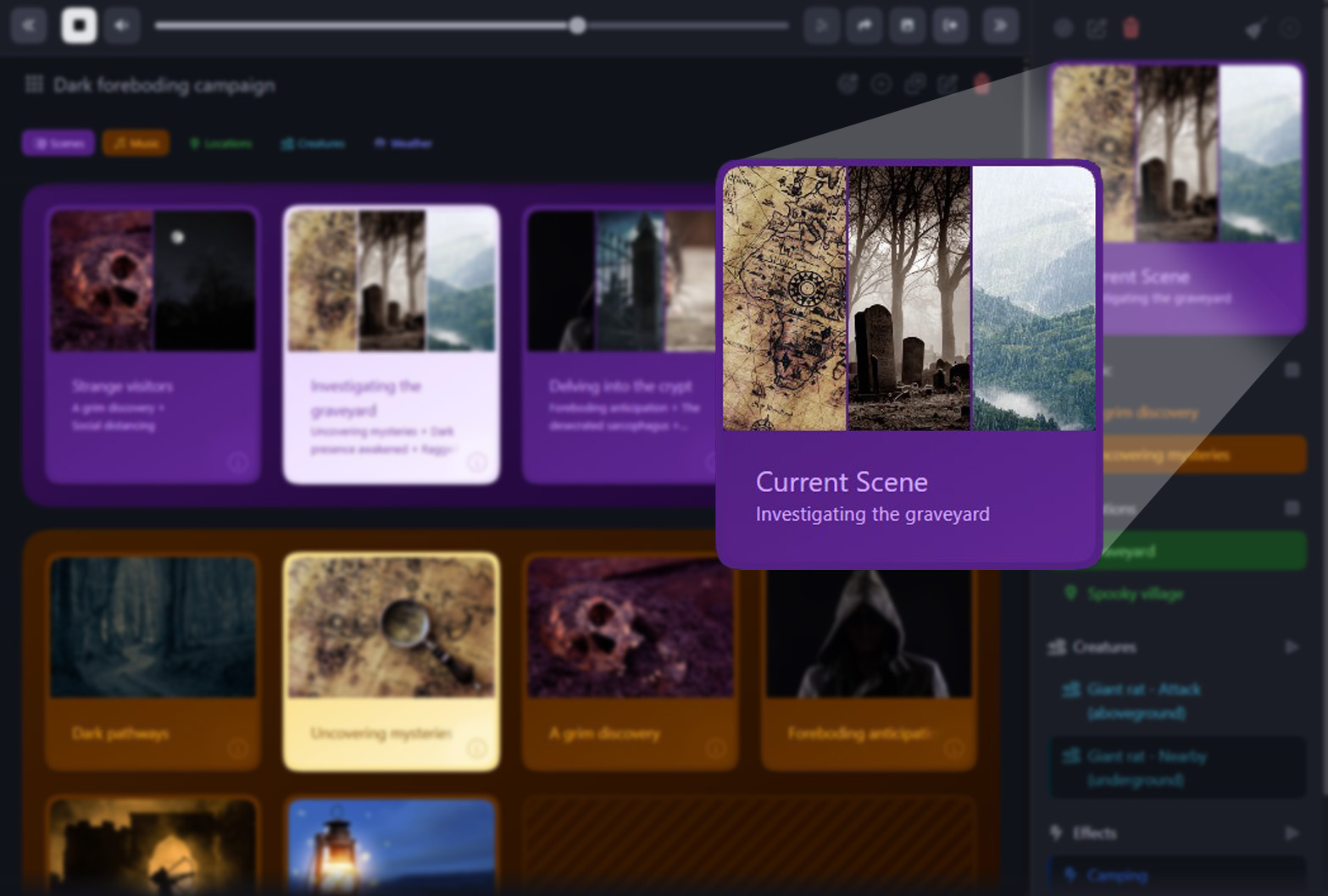 Nova showing a campaign Soundboard with Investigating the graveyard selected as the current Scene
